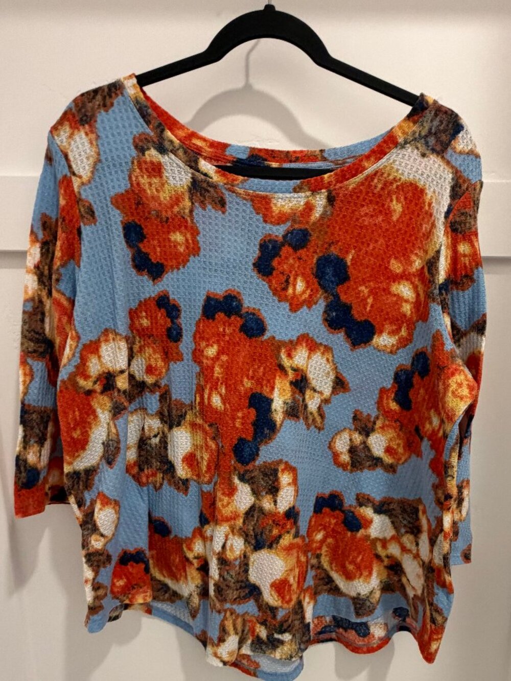 Ruby Rd Orange Blue 3/4 Sleeves Round Neck Stretch Waffle Weave Top SIze large